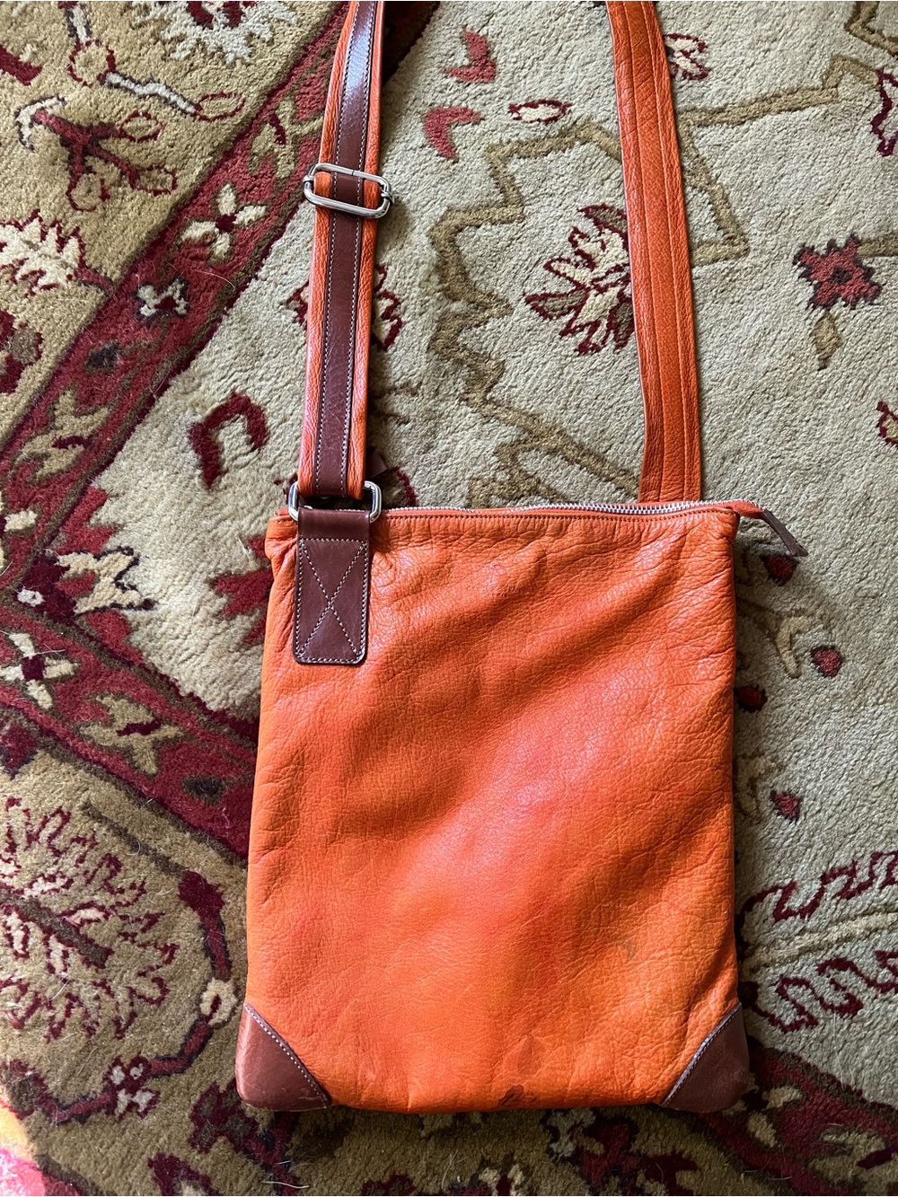 Orange Leather Crossbody Shoulder Bag with Adjustable Strap